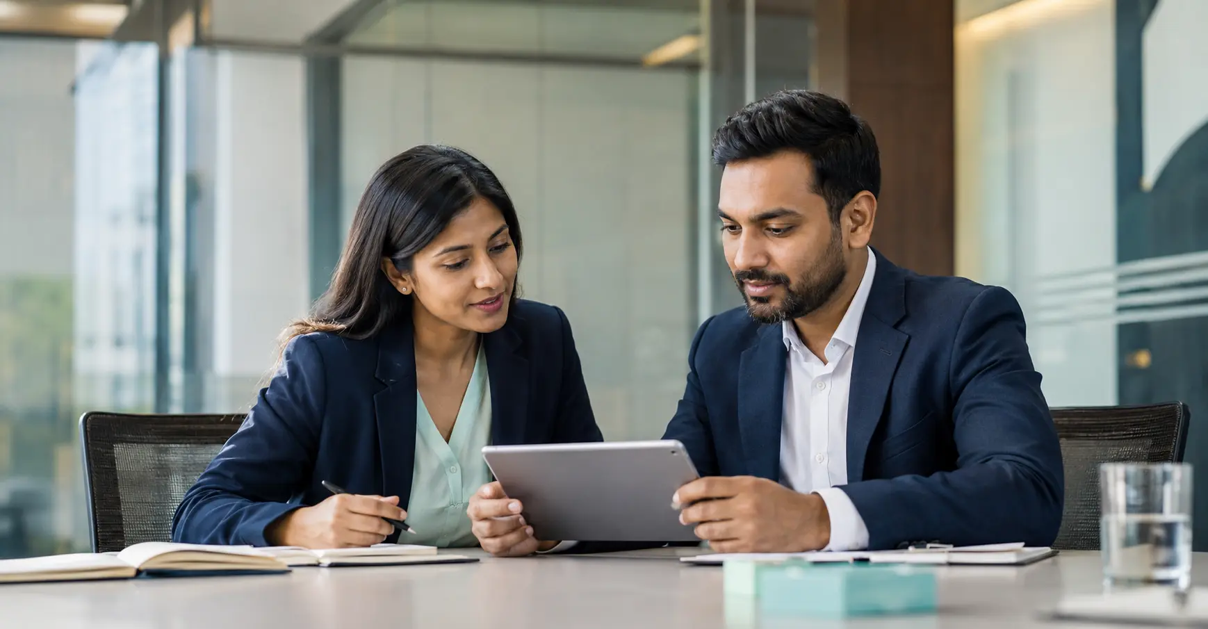 Professionals reviewing prospect information before outreach